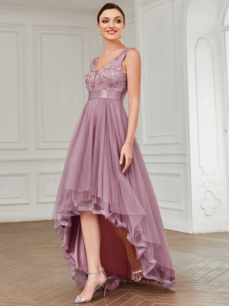 High-Low V Neck Tulle Wholesale Prom Dresses with Sequin Appliques