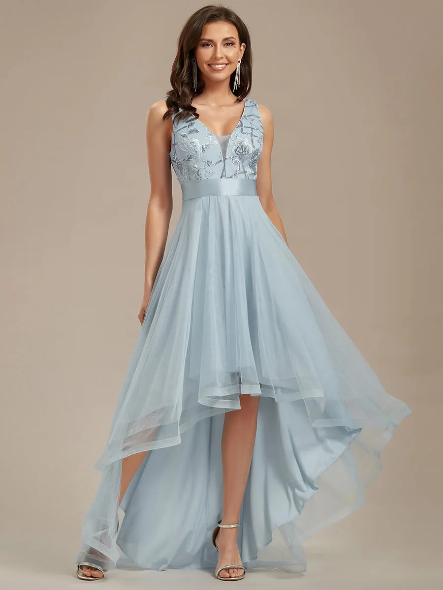 High-Low V Neck Tulle Wholesale Prom Dresses with Sequin Appliques