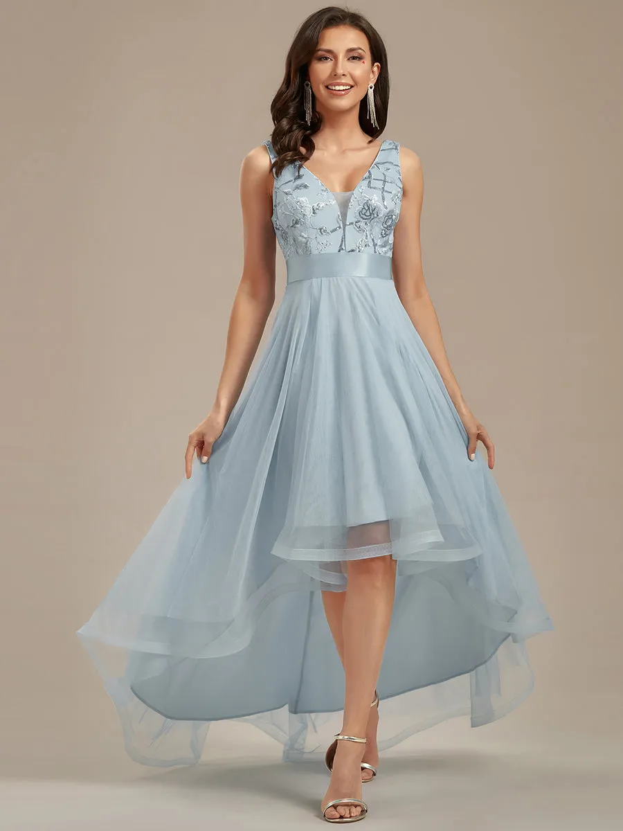 High-Low V Neck Tulle Wholesale Prom Dresses with Sequin Appliques