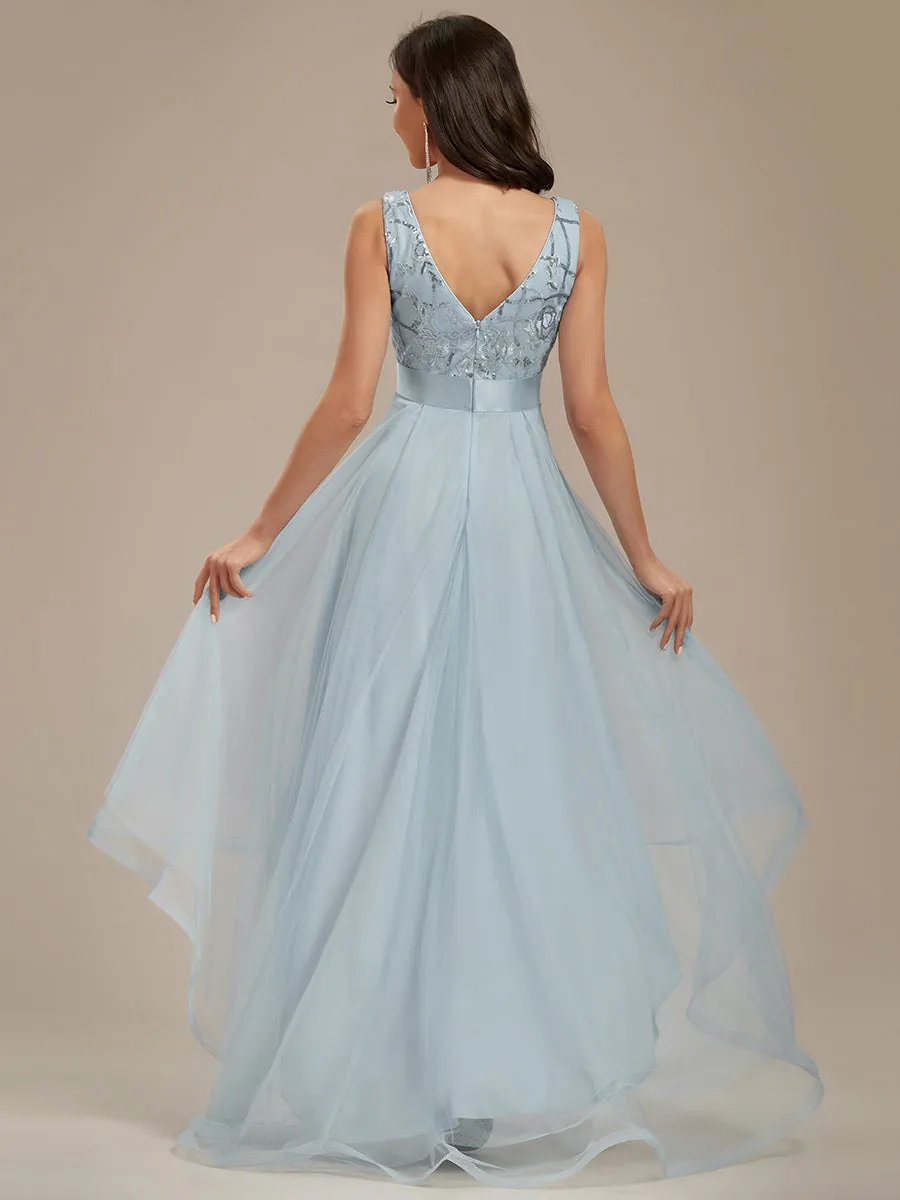 High-Low V Neck Tulle Wholesale Prom Dresses with Sequin Appliques