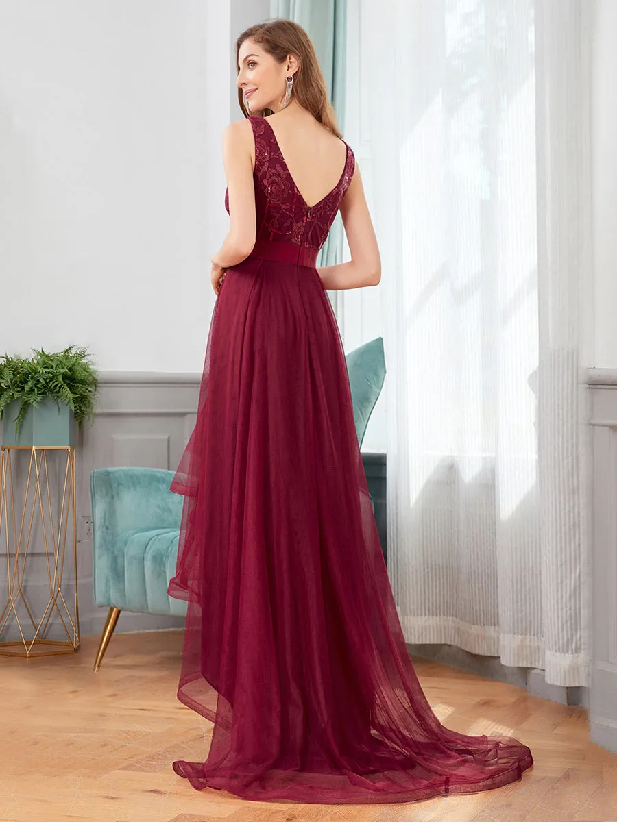 High-Low V Neck Tulle Wholesale Prom Dresses with Sequin Appliques