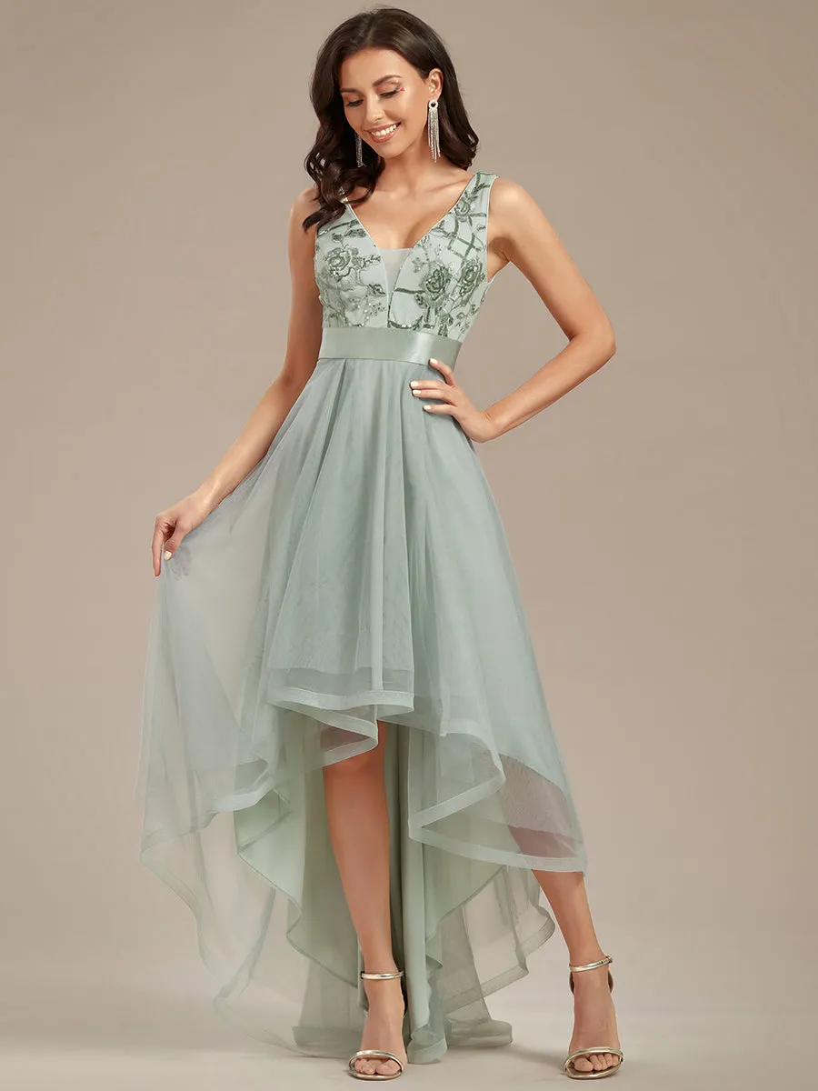 High-Low V Neck Tulle Wholesale Prom Dresses with Sequin Appliques