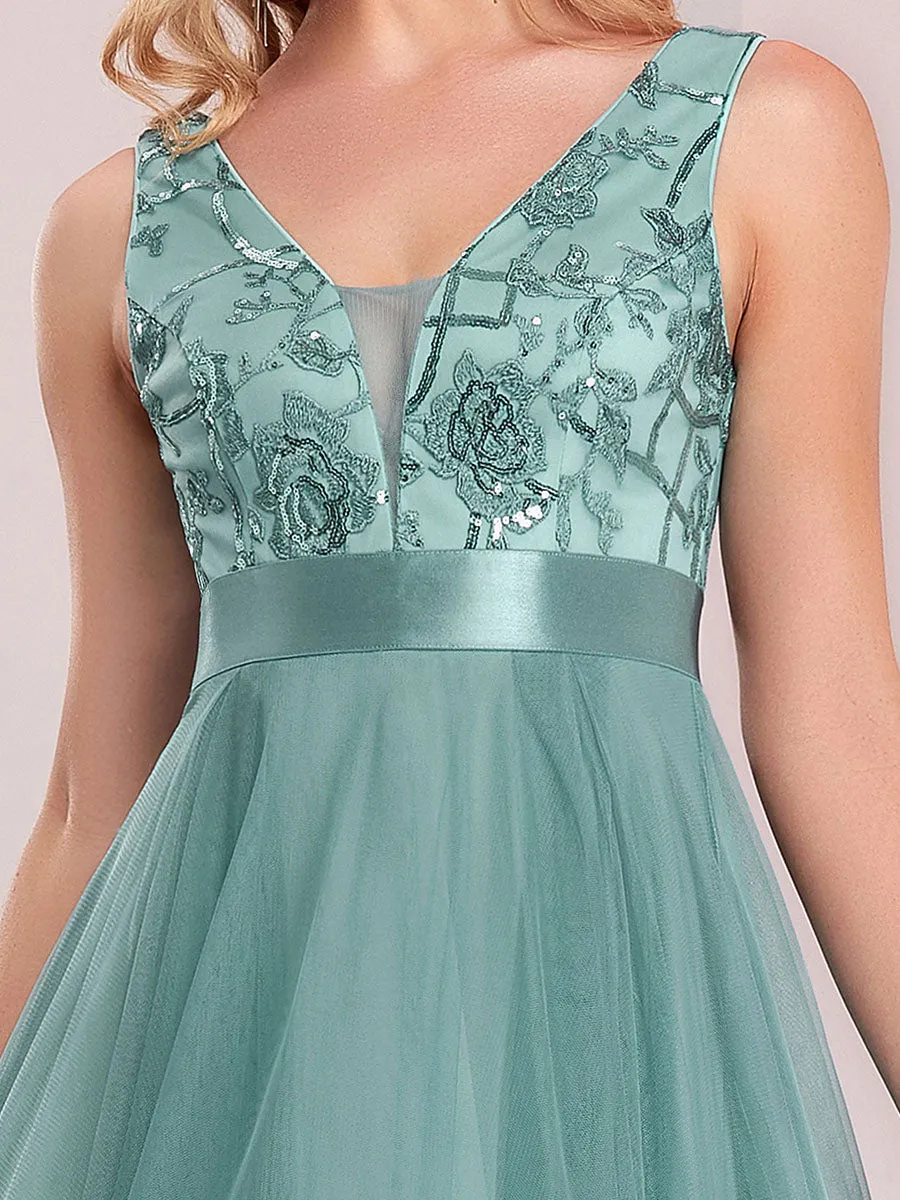 High-Low V Neck Tulle Wholesale Prom Dresses with Sequin Appliques