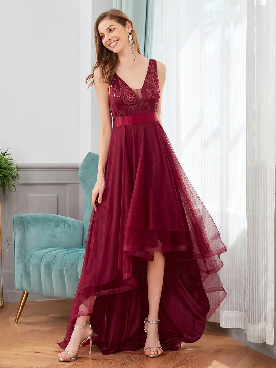 High-Low V Neck Tulle Wholesale Prom Dresses with Sequin Appliques