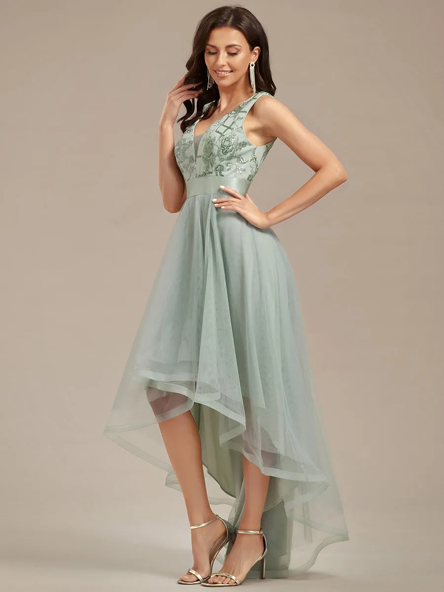 High-Low V Neck Tulle Wholesale Prom Dresses with Sequin Appliques