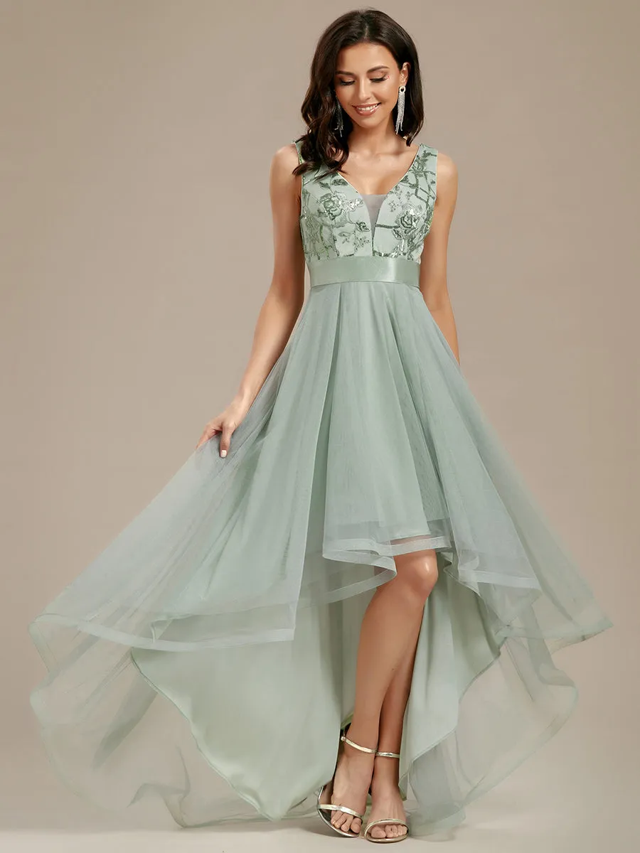 High-Low V Neck Tulle Wholesale Prom Dresses with Sequin Appliques