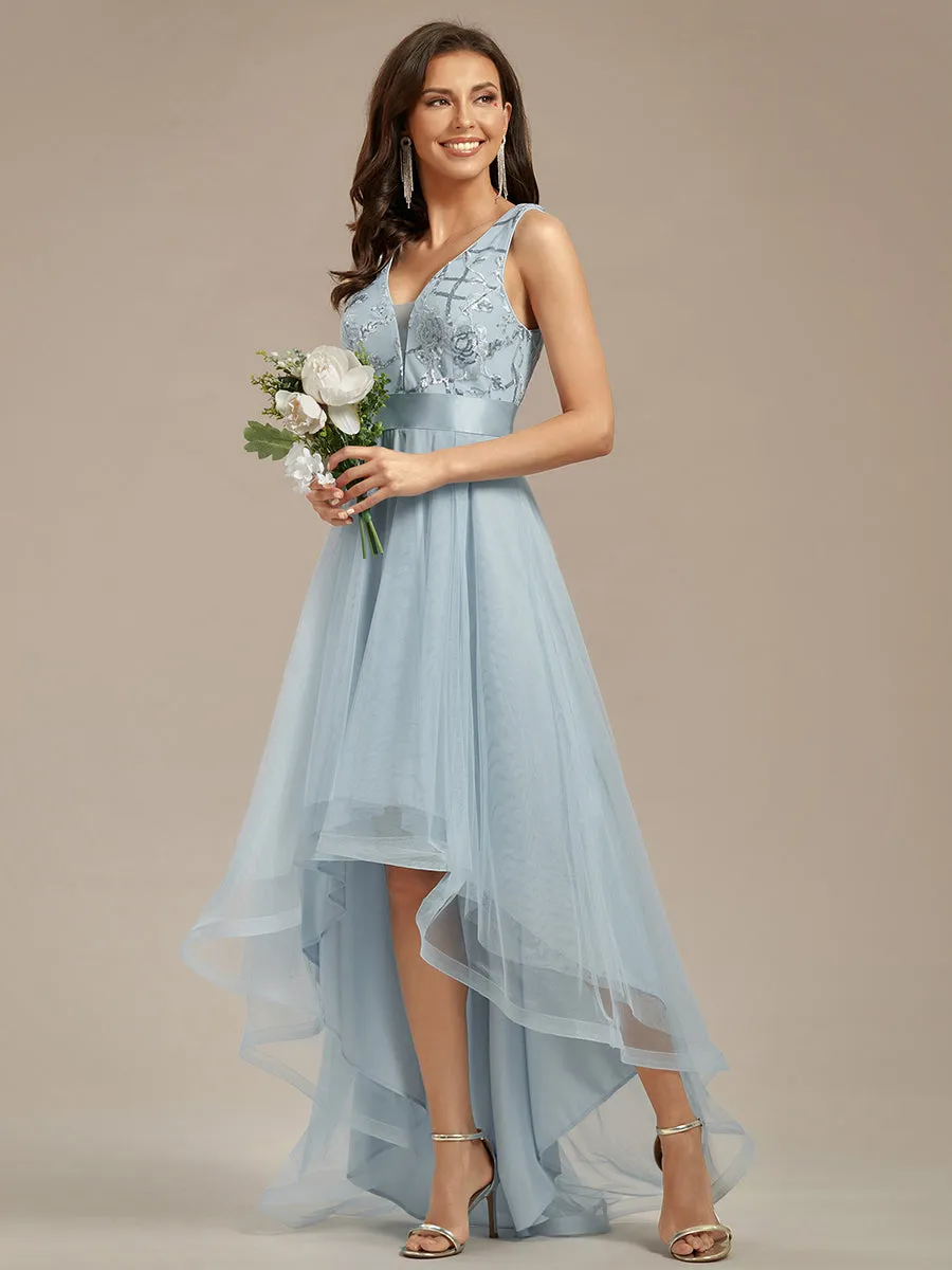 High-Low V Neck Tulle Wholesale Prom Dresses with Sequin Appliques