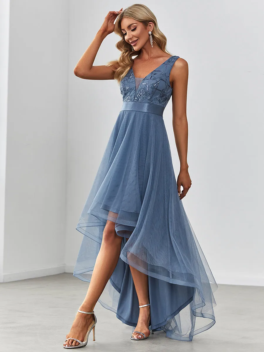 High-Low V Neck Tulle Wholesale Prom Dresses with Sequin Appliques