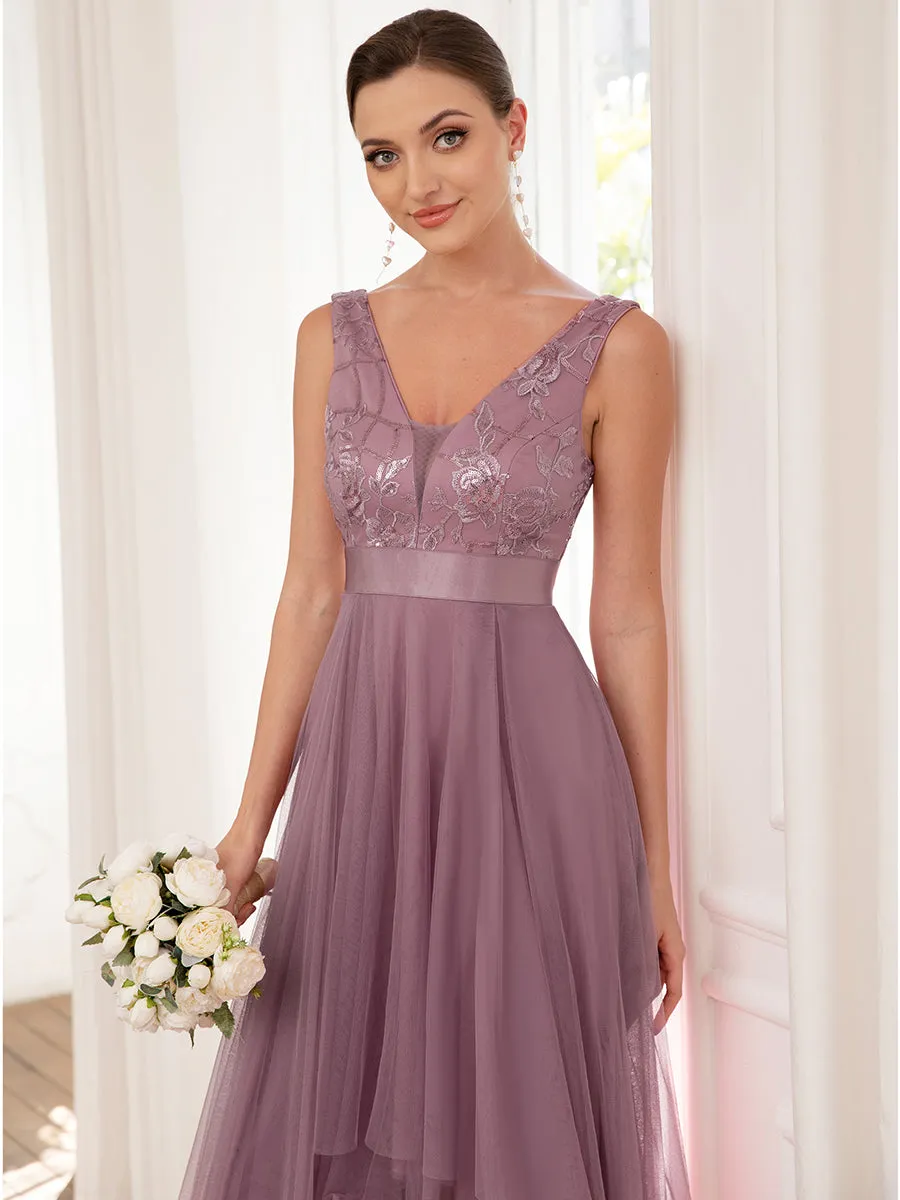 High-Low V Neck Tulle Wholesale Prom Dresses with Sequin Appliques