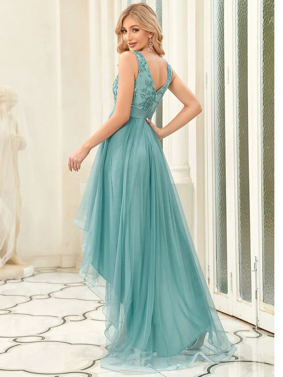 High-Low V Neck Tulle Wholesale Prom Dresses with Sequin Appliques