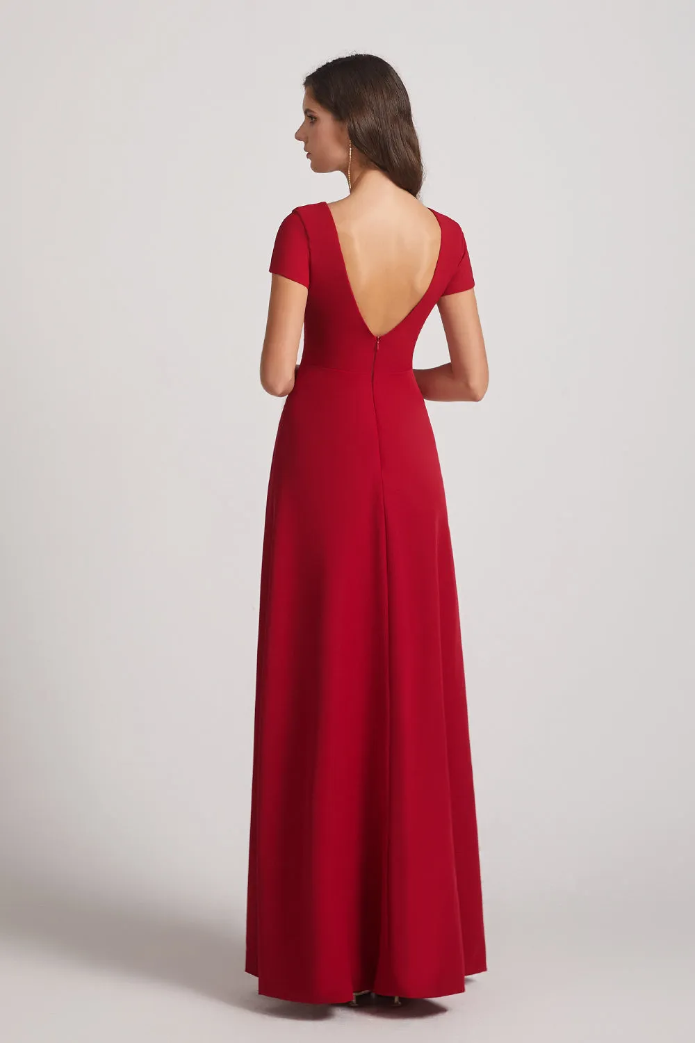 Illusion V-Neck Short Sleeve Red Split Bridesmaid Dresses (AF0019)