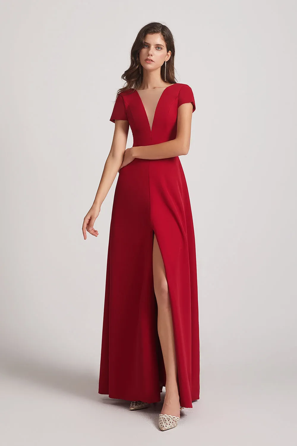 Illusion V-Neck Short Sleeve Red Split Bridesmaid Dresses (AF0019)