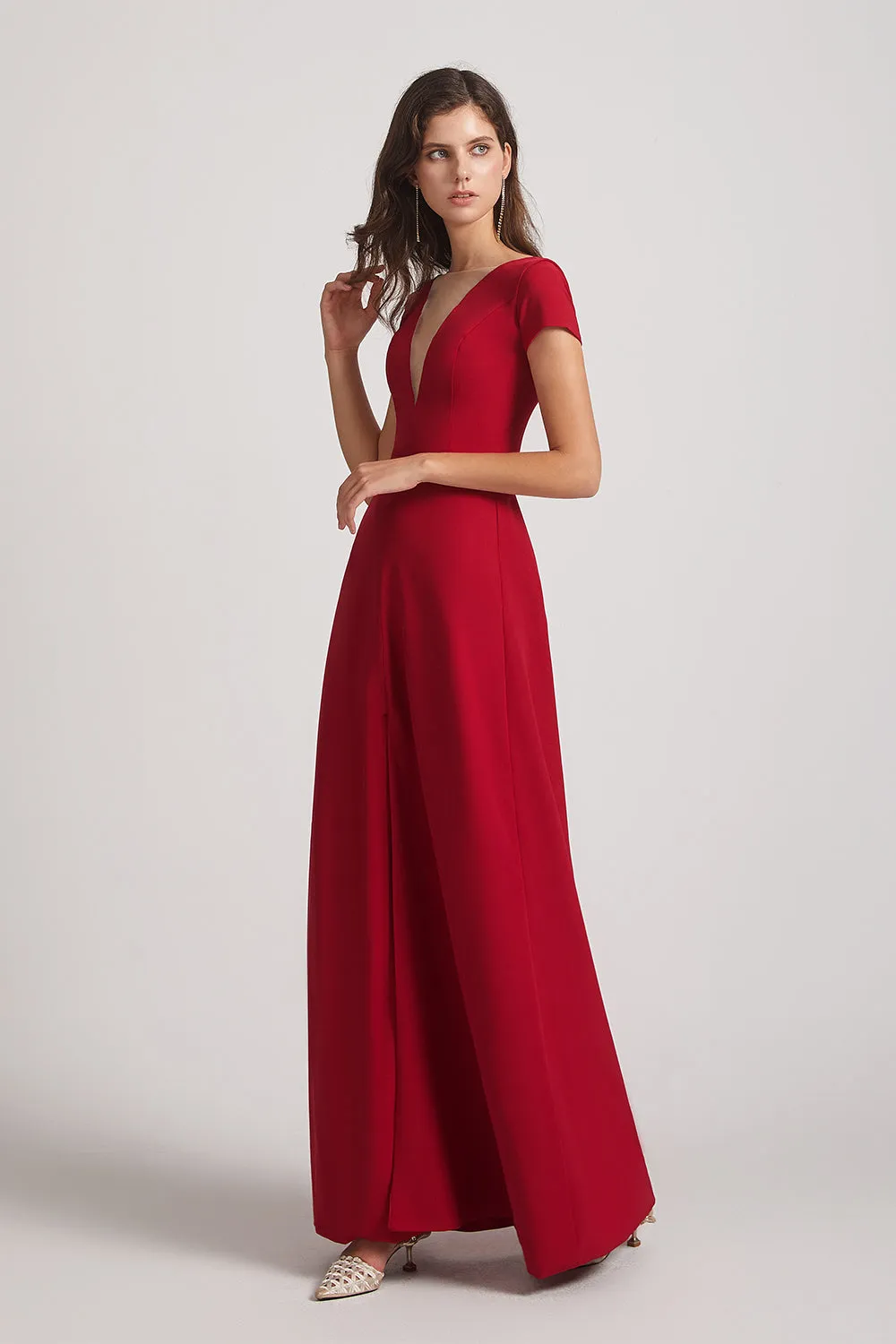 Illusion V-Neck Short Sleeve Red Split Bridesmaid Dresses (AF0019)