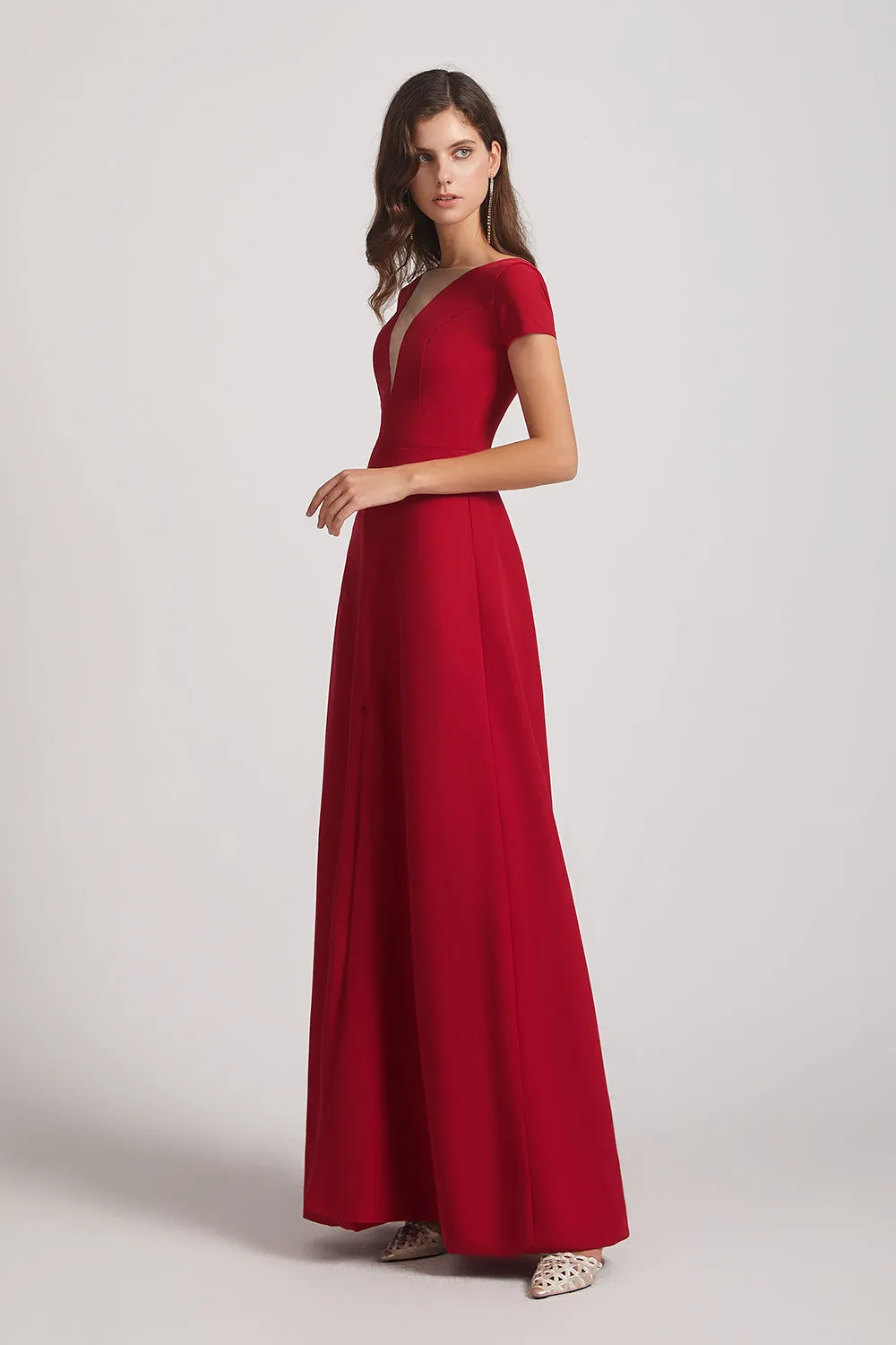 Illusion V-Neck Short Sleeve Red Split Bridesmaid Dresses (AF0019)