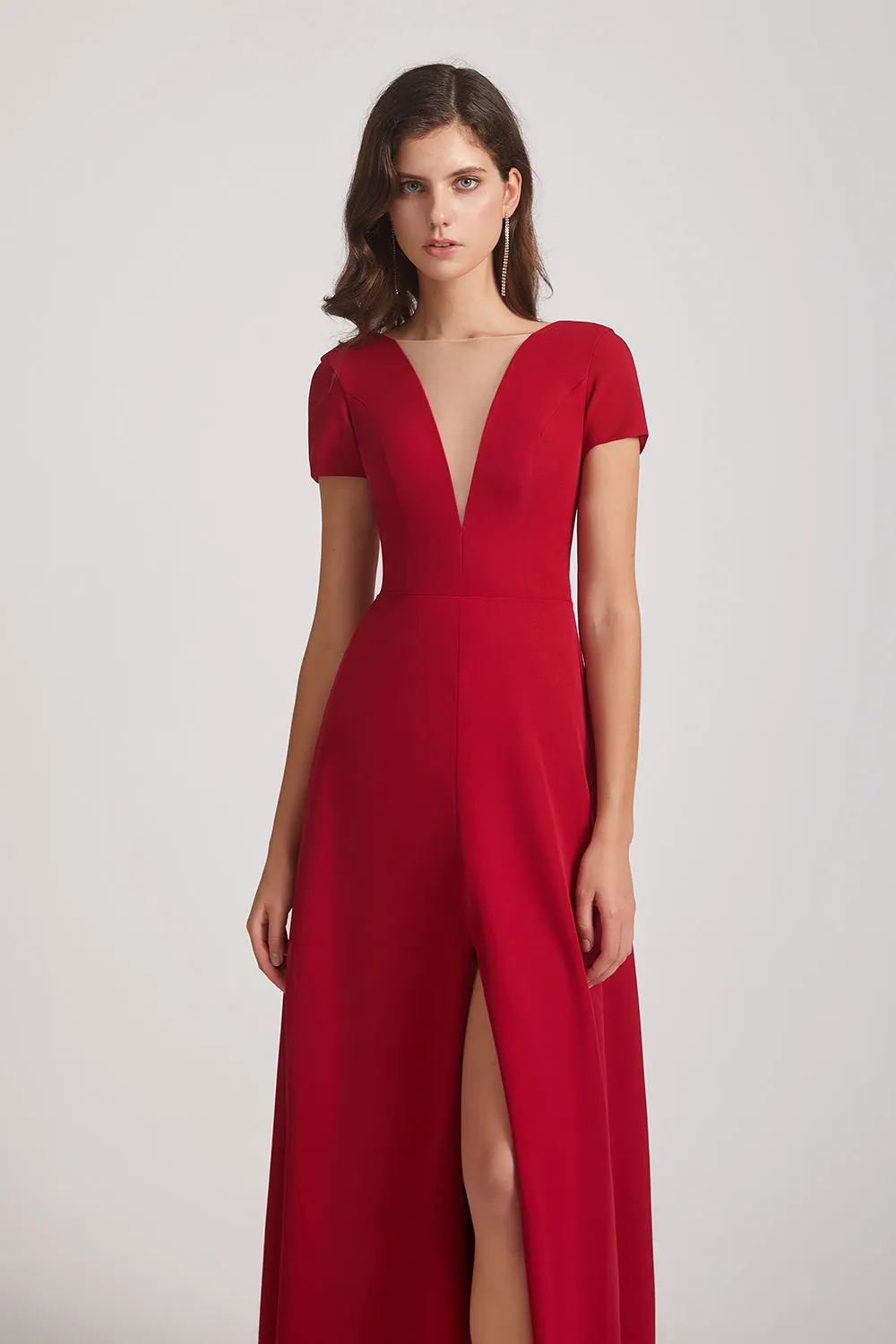 Illusion V-Neck Short Sleeve Red Split Bridesmaid Dresses (AF0019)