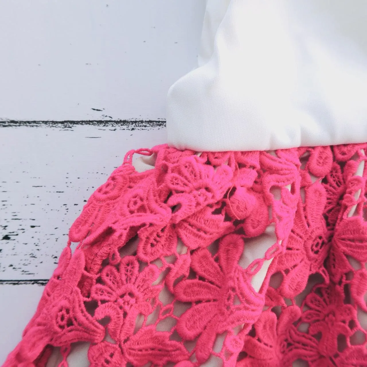 Iris Dress in White Neoprene and Hot Pink Lace