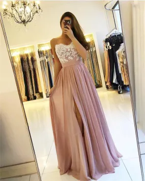 Ivory Lace Appliques Long Chiffon Split Evening Gowns Elegant Prom Dress