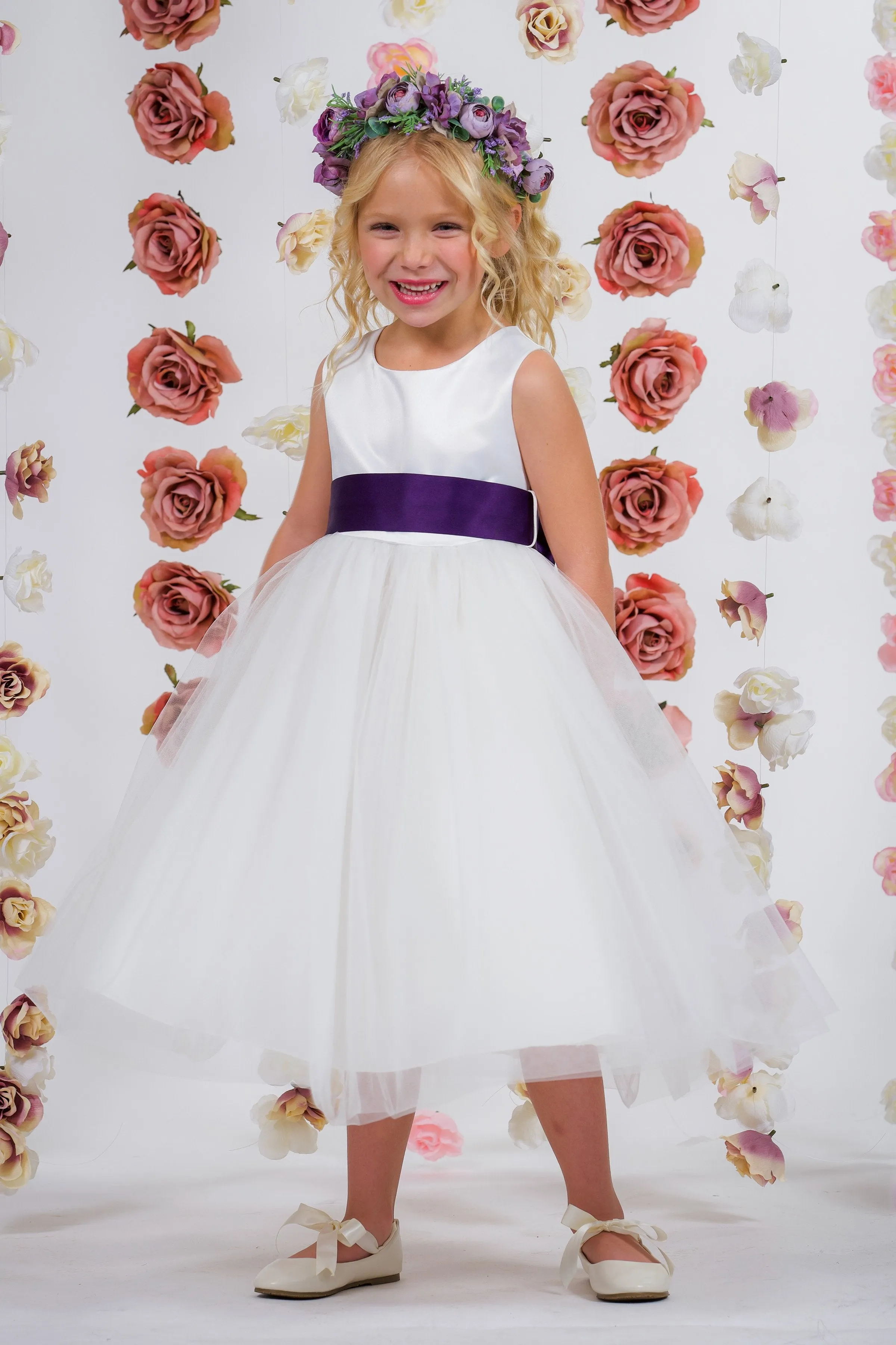 Ivory Satin Sash & Bow Girls Dress