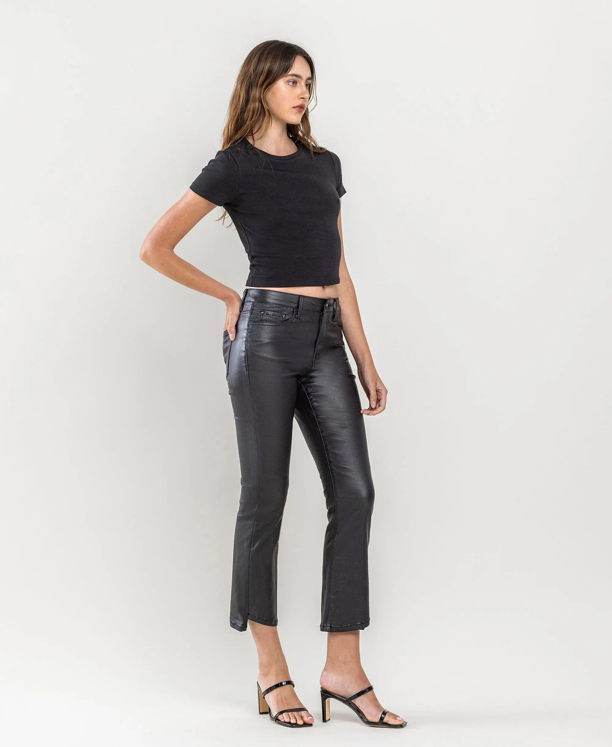 Jet Black - High Rise PU Coated Step Hem Crop Flare Jeans