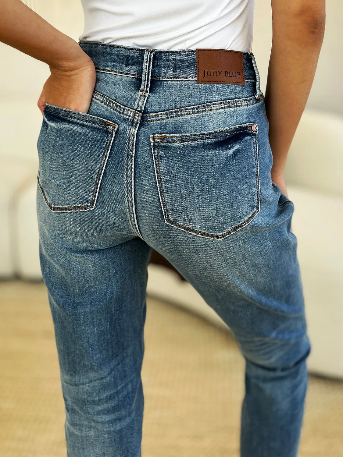 Judy Blue, Mid Rise Rigid Magic Release Hem Boyfriend Jeans