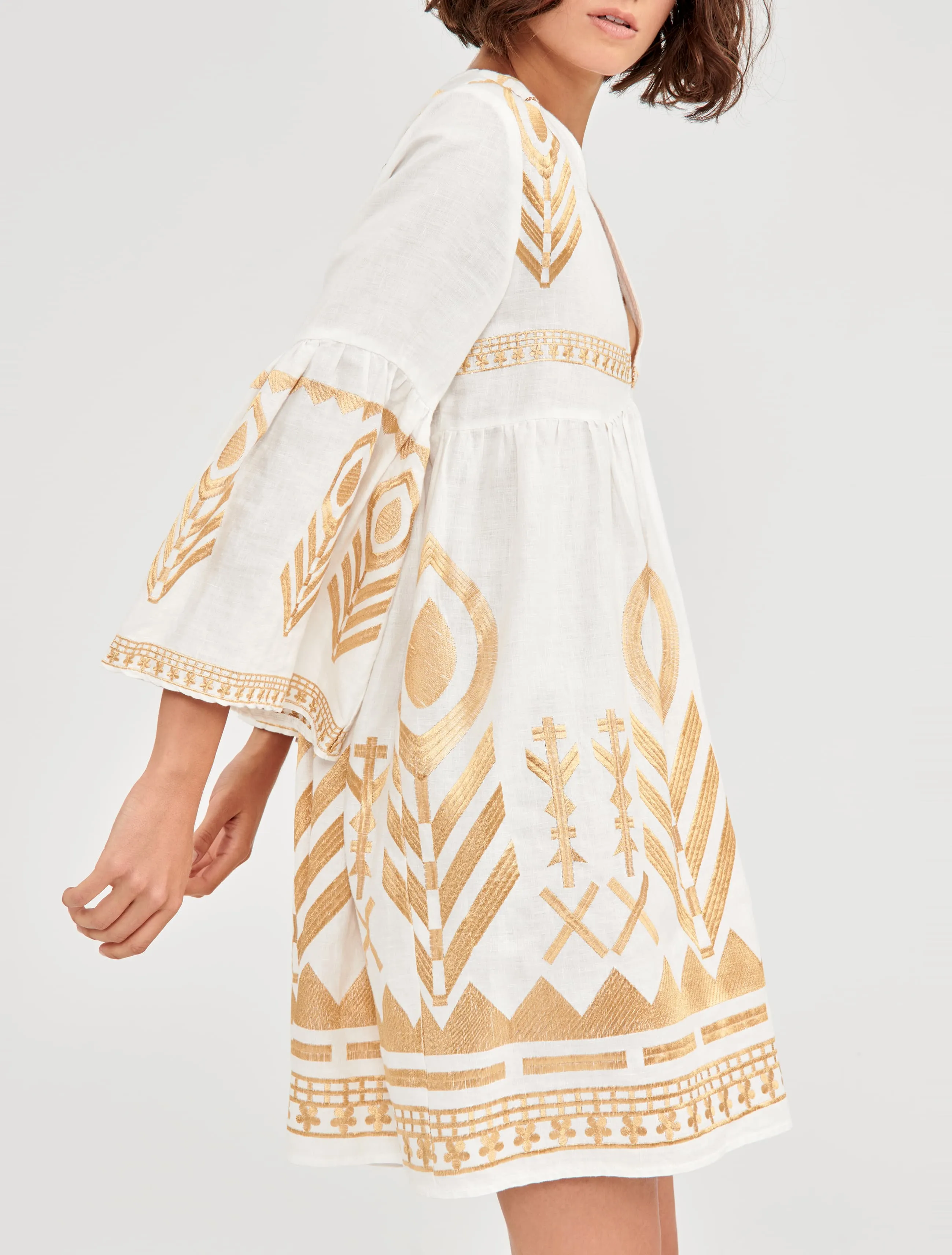 Kori Short White & Gold Feather Embroidered Dress