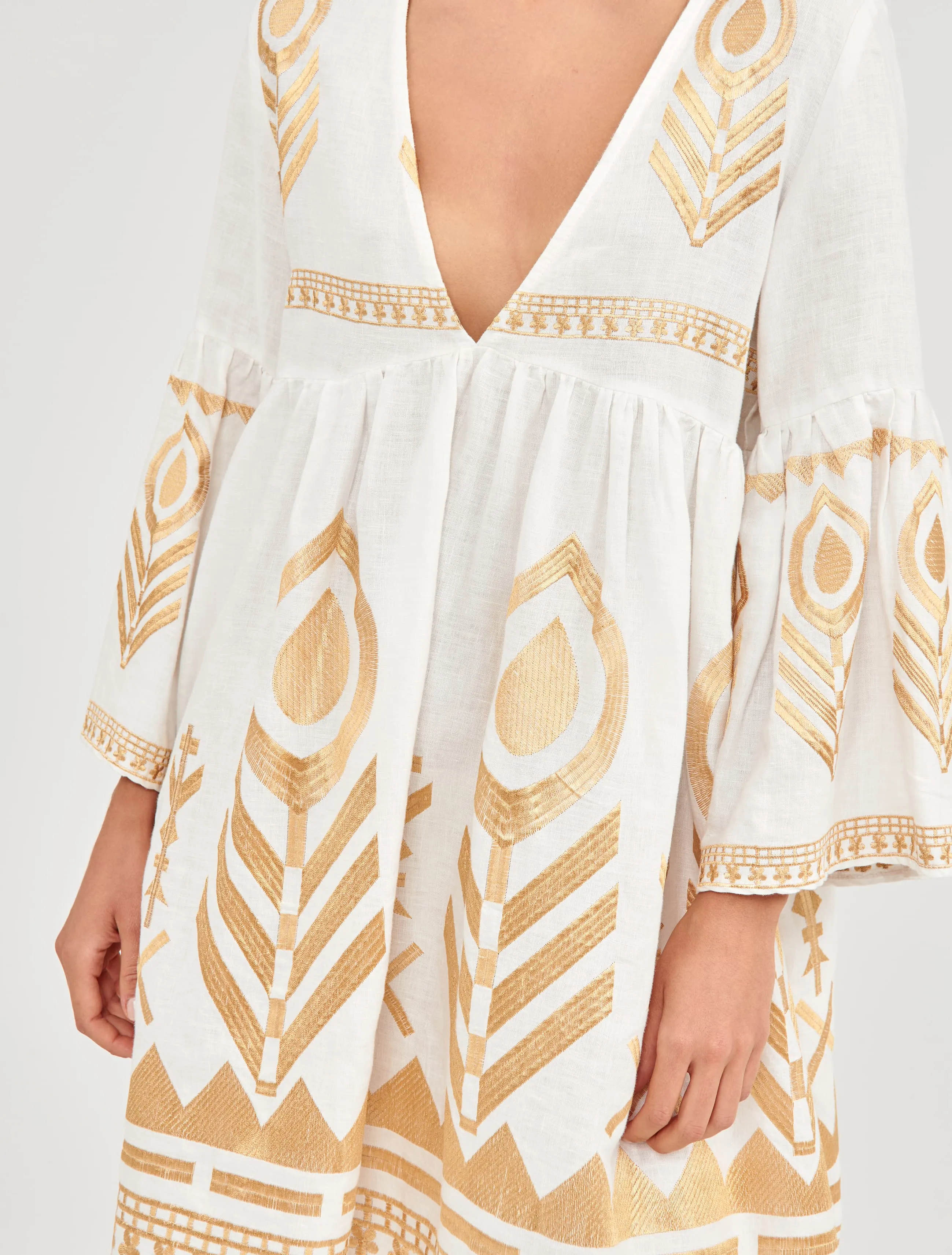 Kori Short White & Gold Feather Embroidered Dress