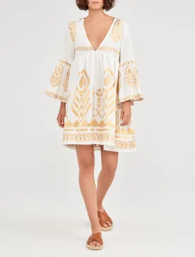 Kori Short White & Gold Feather Embroidered Dress