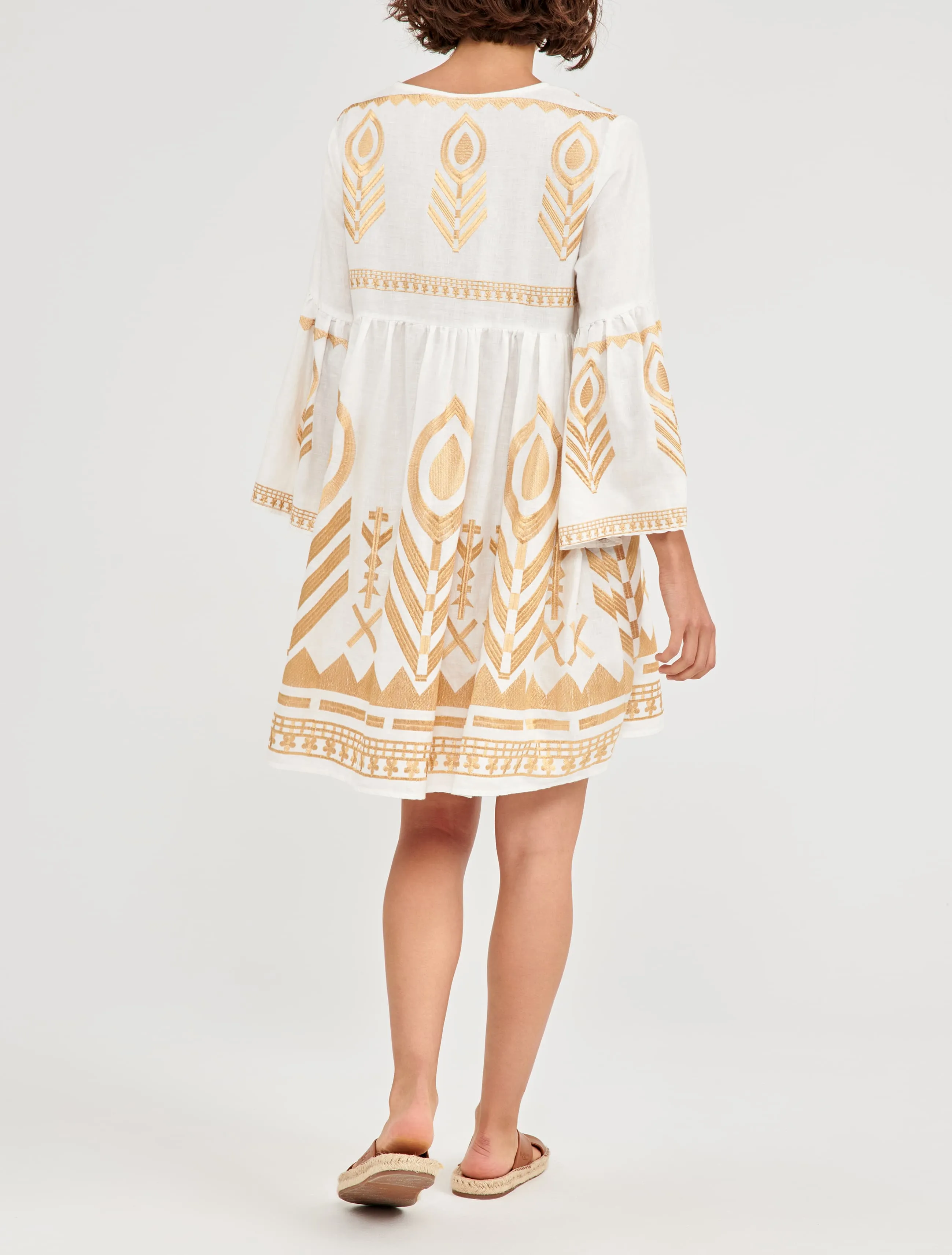 Kori Short White & Gold Feather Embroidered Dress