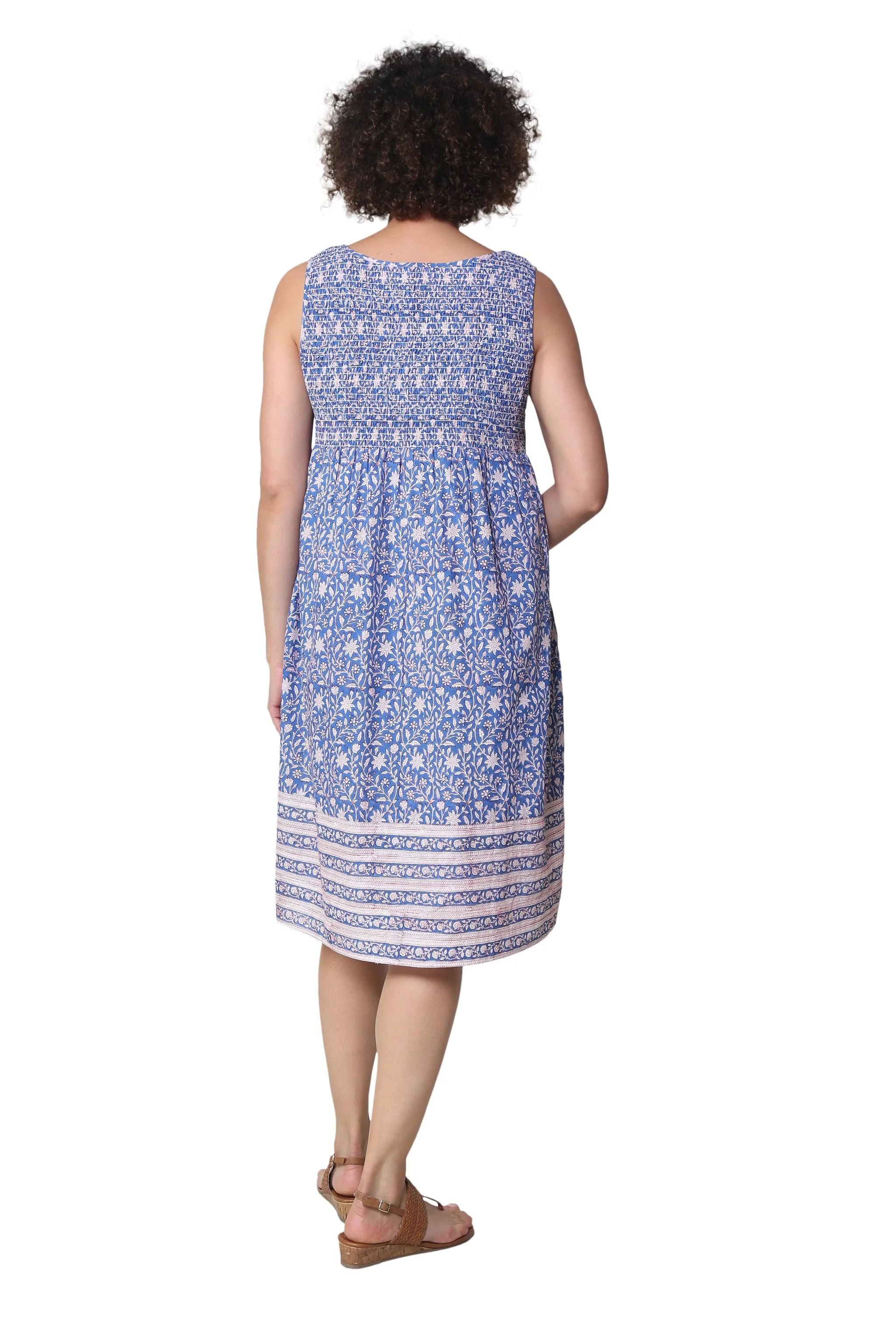 La Cera 100% Cotton Elegant Blue Floral Sleeveless Dress