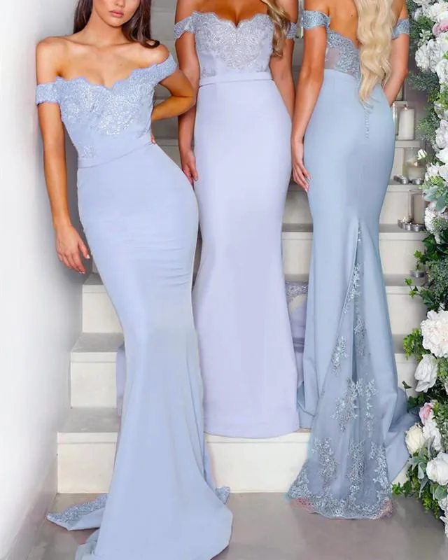 Lace Appliques V-neck Off The Shoulder Long Jersey Mermaid Bridesmaid Dress