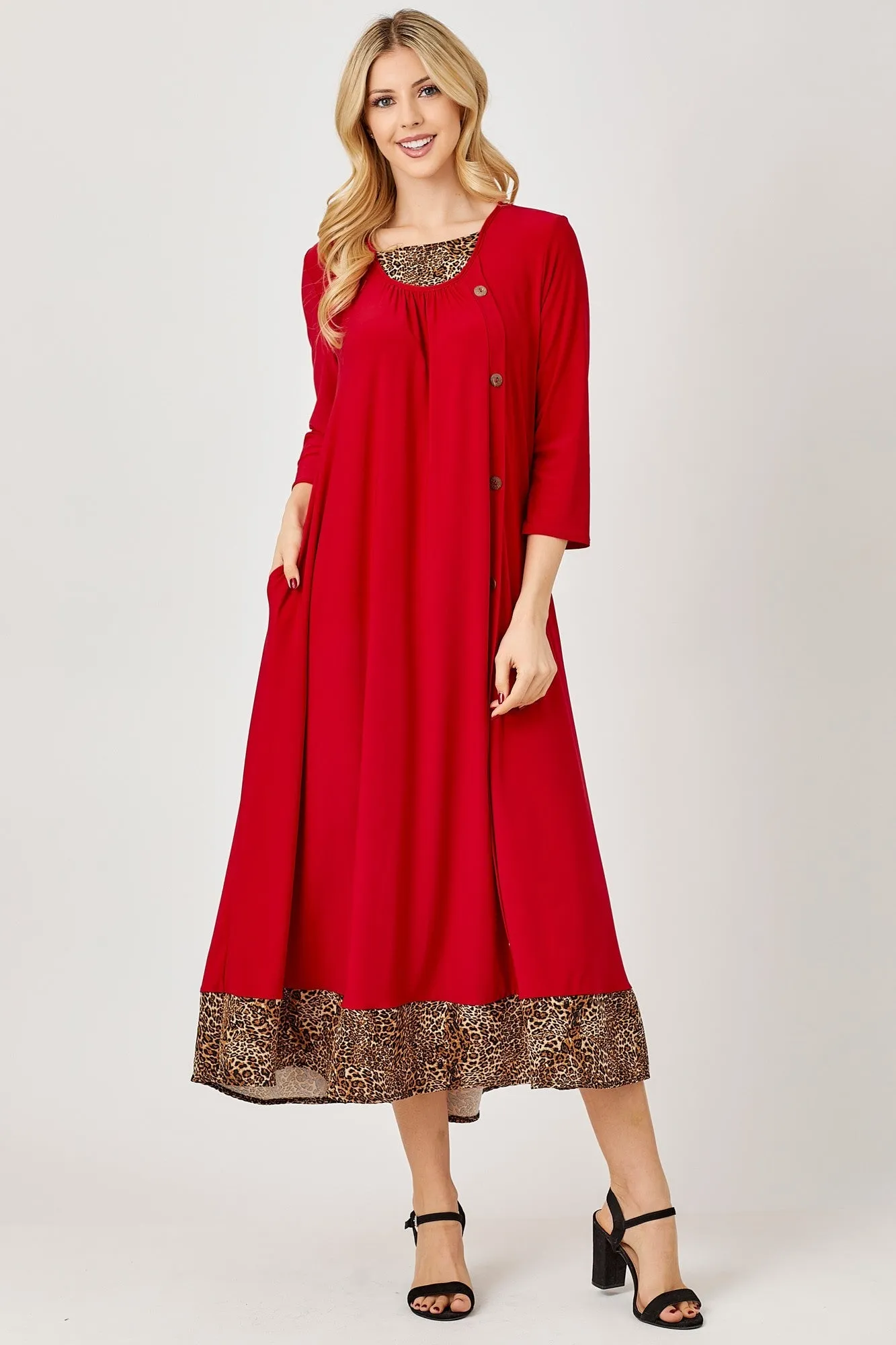 Leopard & Buttons to Love Dress- Red