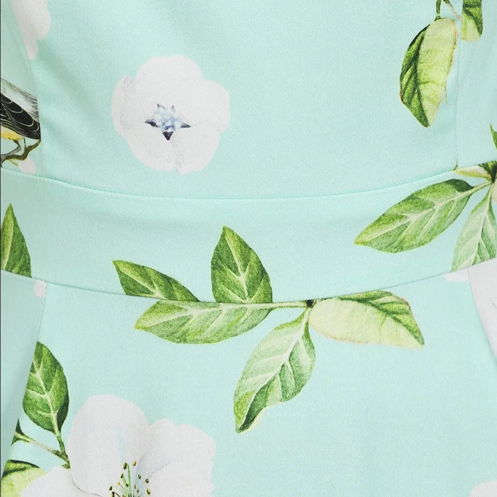 Light Mint Green Floral Print Sleeveless 50s Summer Swing Dress