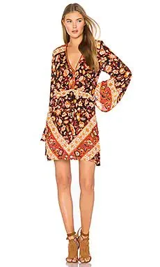 Lolita Mini Dress Black Rust Floral Print Boho Bell Sleeve V Neck Button Front Drawstring Waist Long Sleeve Bohemian Short Dress Flower Print Available In Sizes Small Medium Large Or XL