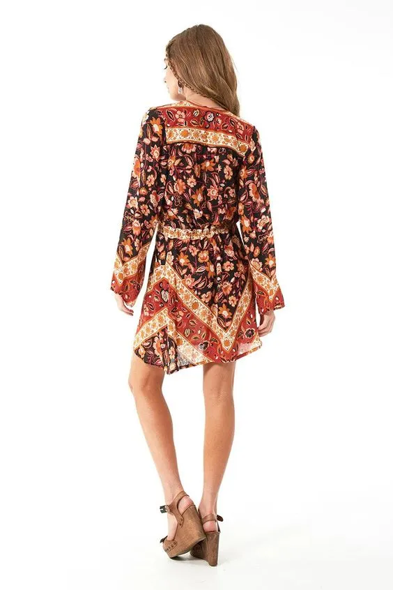 Lolita Mini Dress Black Rust Floral Print Boho Bell Sleeve V Neck Button Front Drawstring Waist Long Sleeve Bohemian Short Dress Flower Print Available In Sizes Small Medium Large Or XL