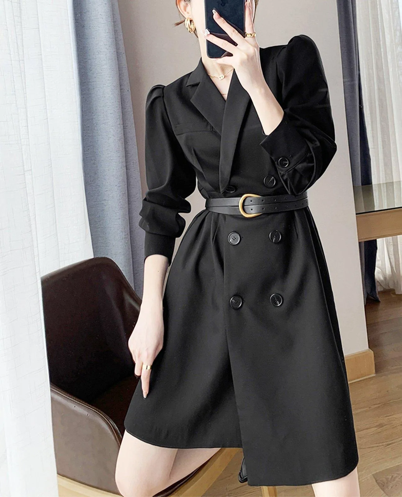 Long Sleeve Double Breasted Belted Black Blazer Dress