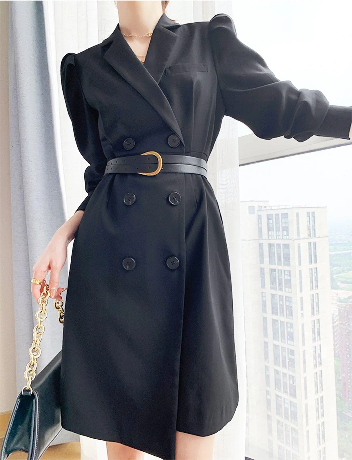 Long Sleeve Double Breasted Belted Black Blazer Dress