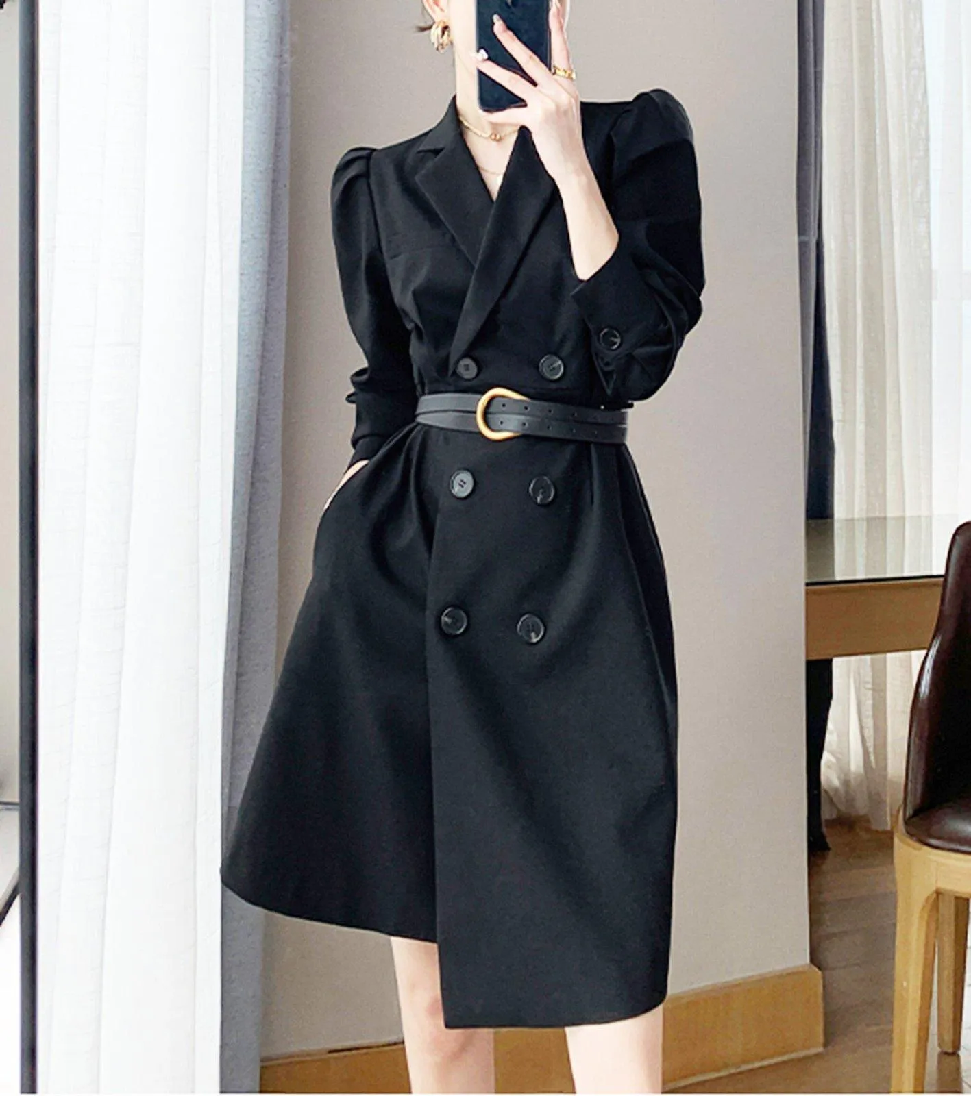 Long Sleeve Double Breasted Belted Black Blazer Dress