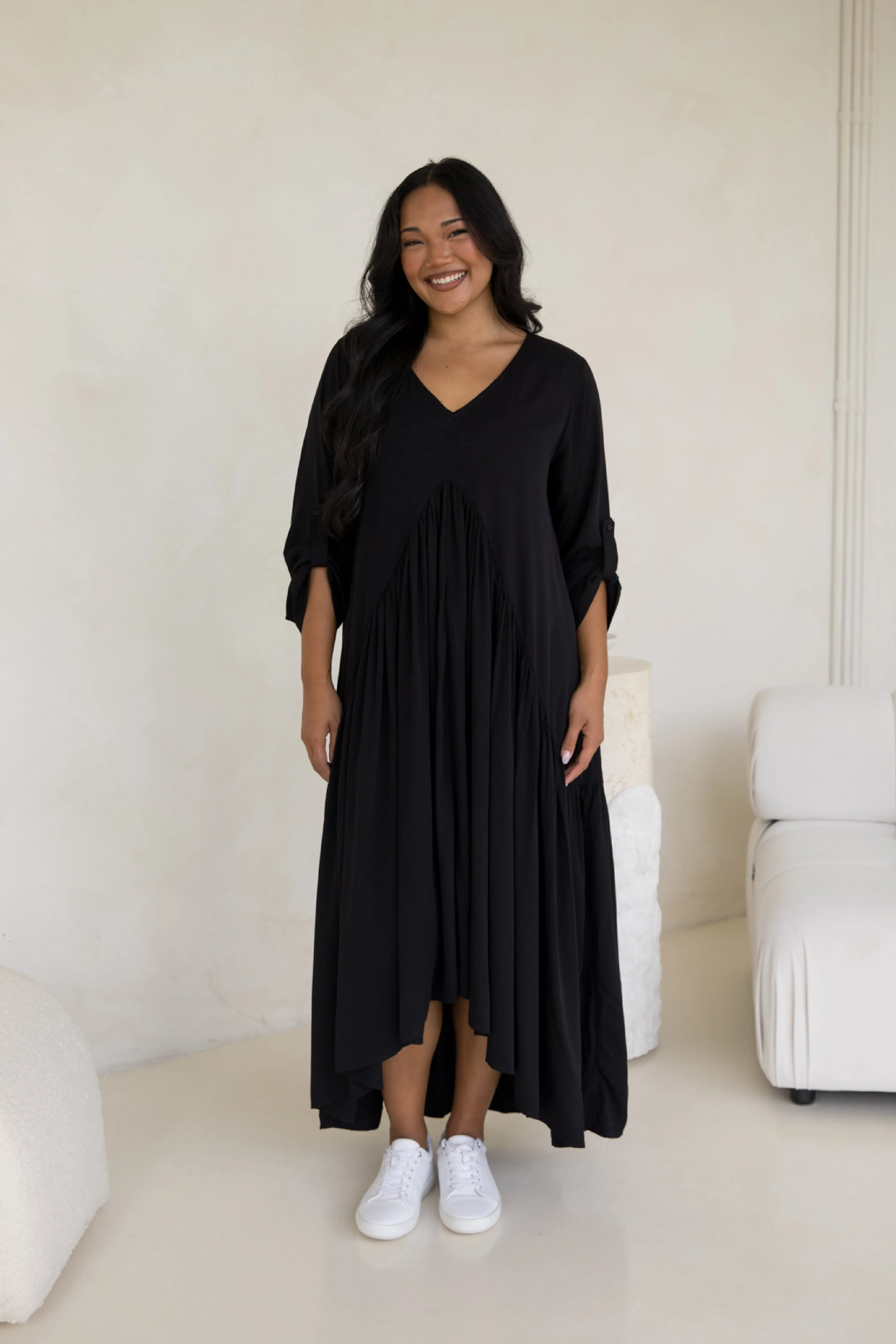 Long Sleeve Peak Maxi Dress in Black