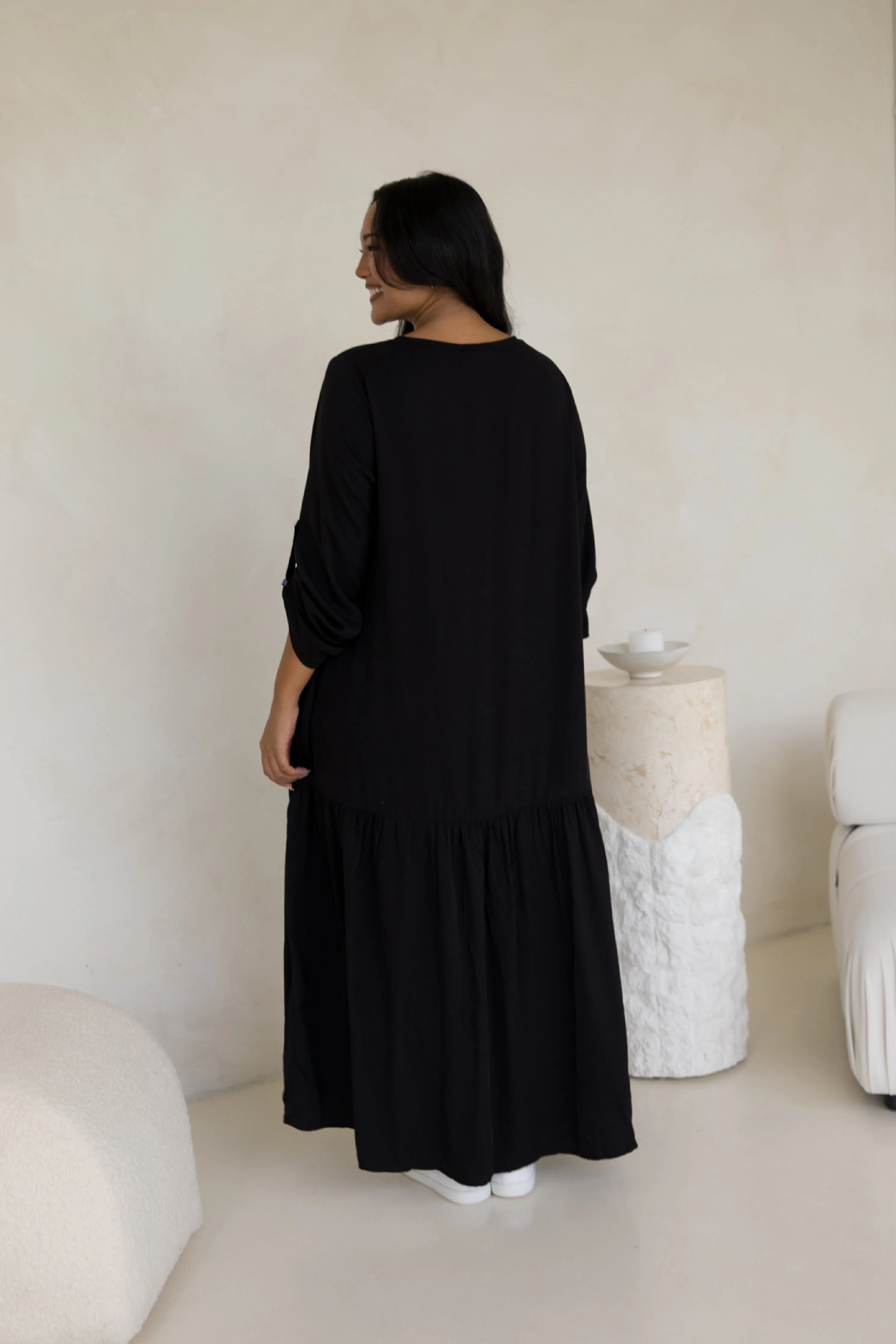 Long Sleeve Peak Maxi Dress in Black