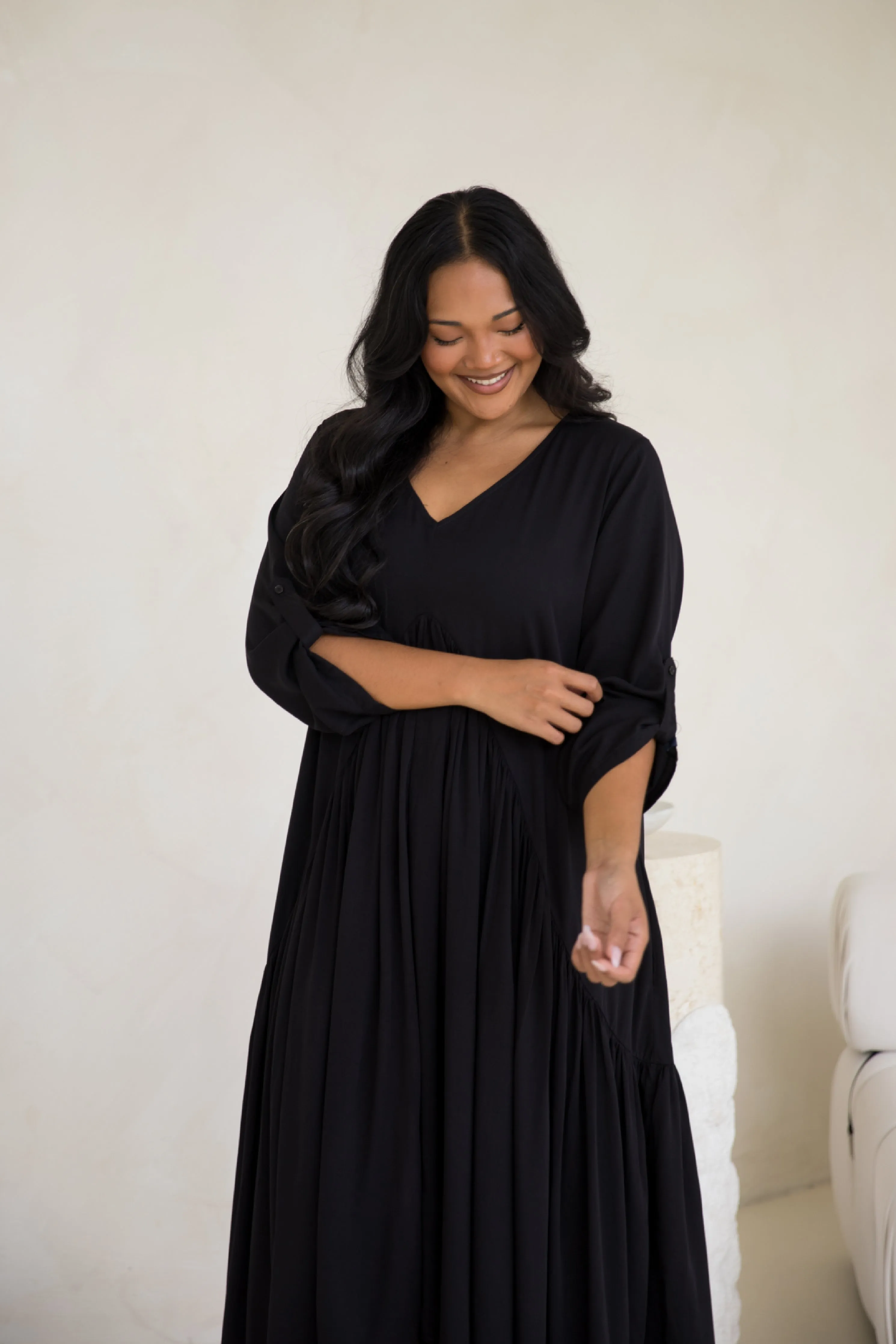 Long Sleeve Peak Maxi Dress in Black