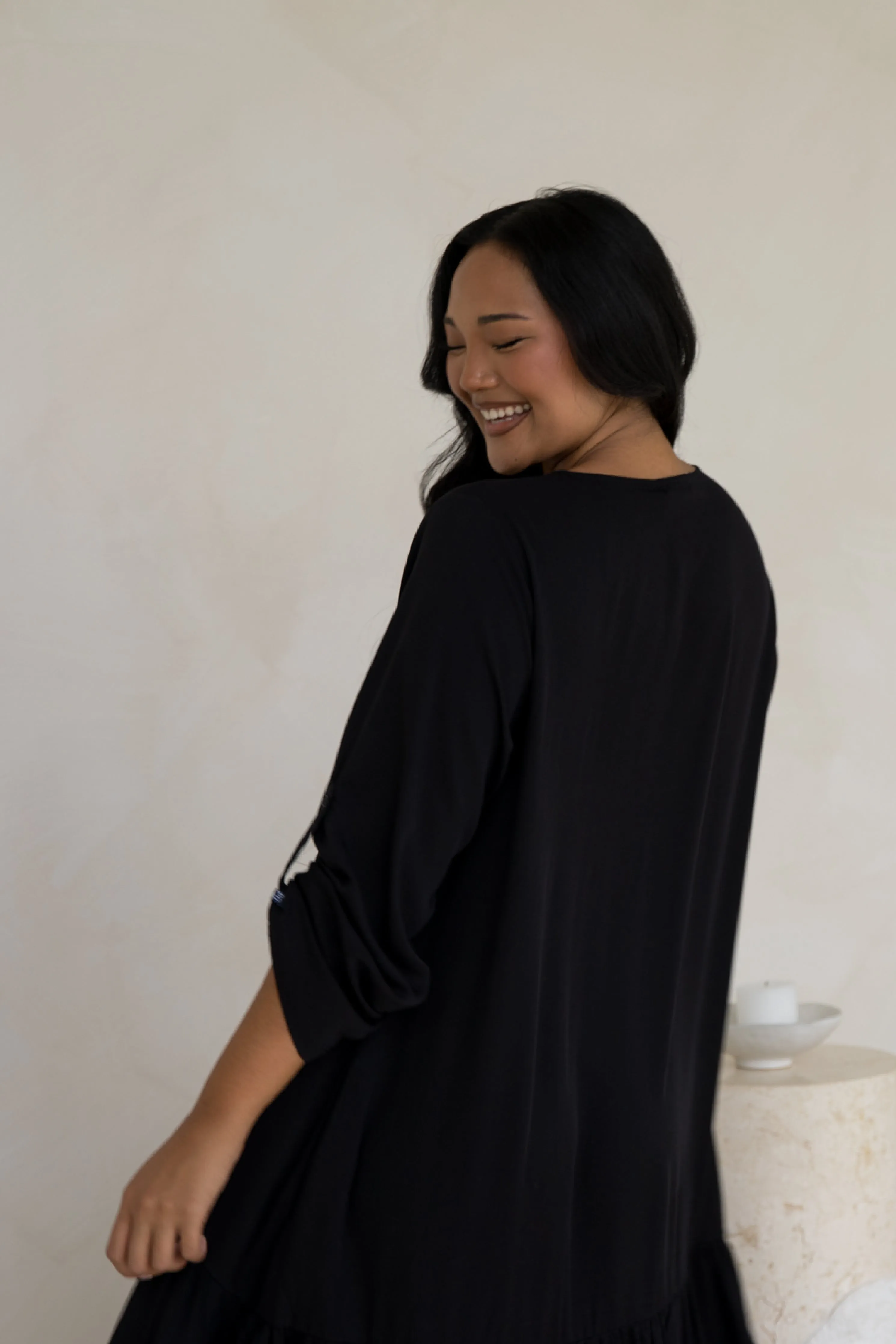 Long Sleeve Peak Maxi Dress in Black