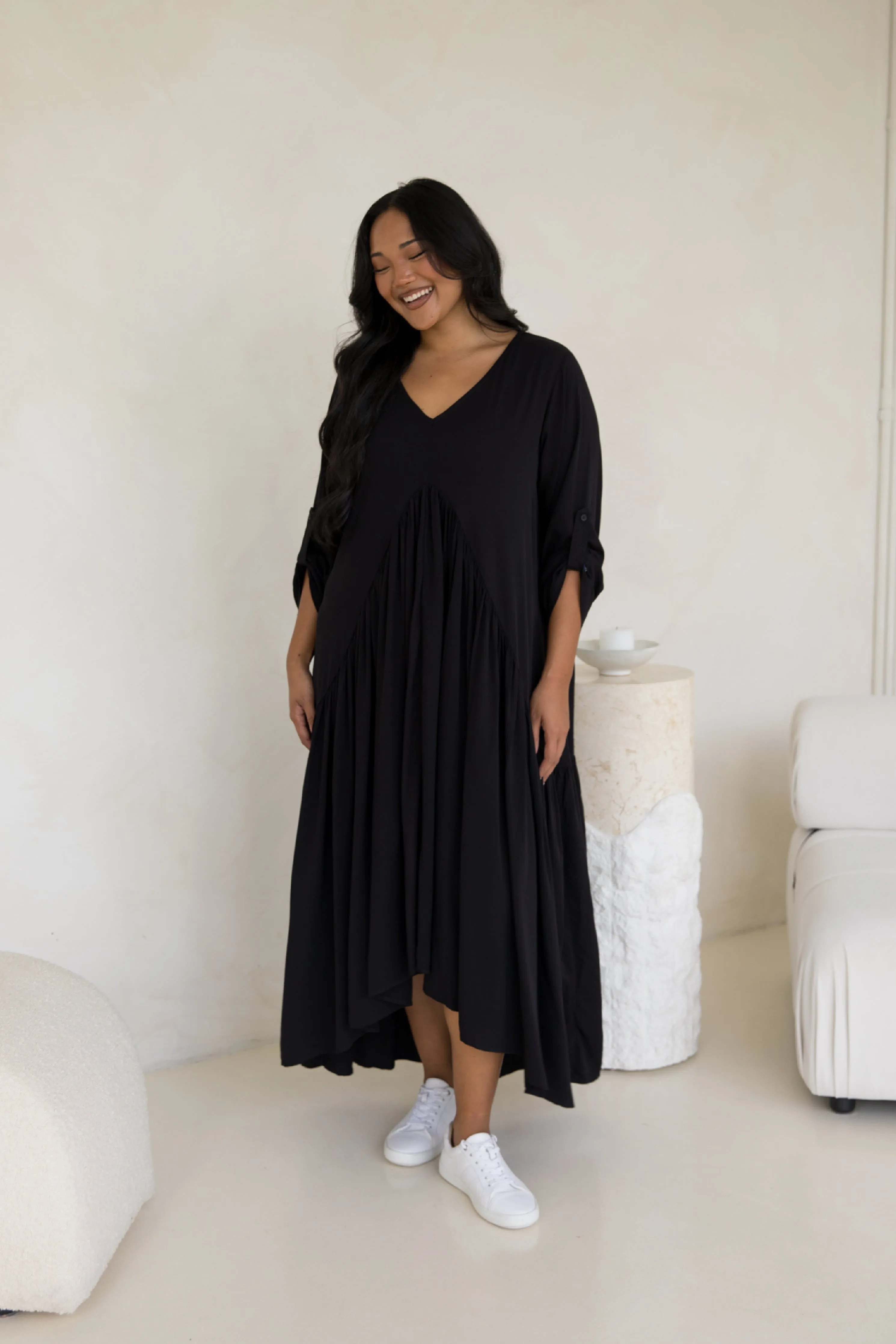 Long Sleeve Peak Maxi Dress in Black