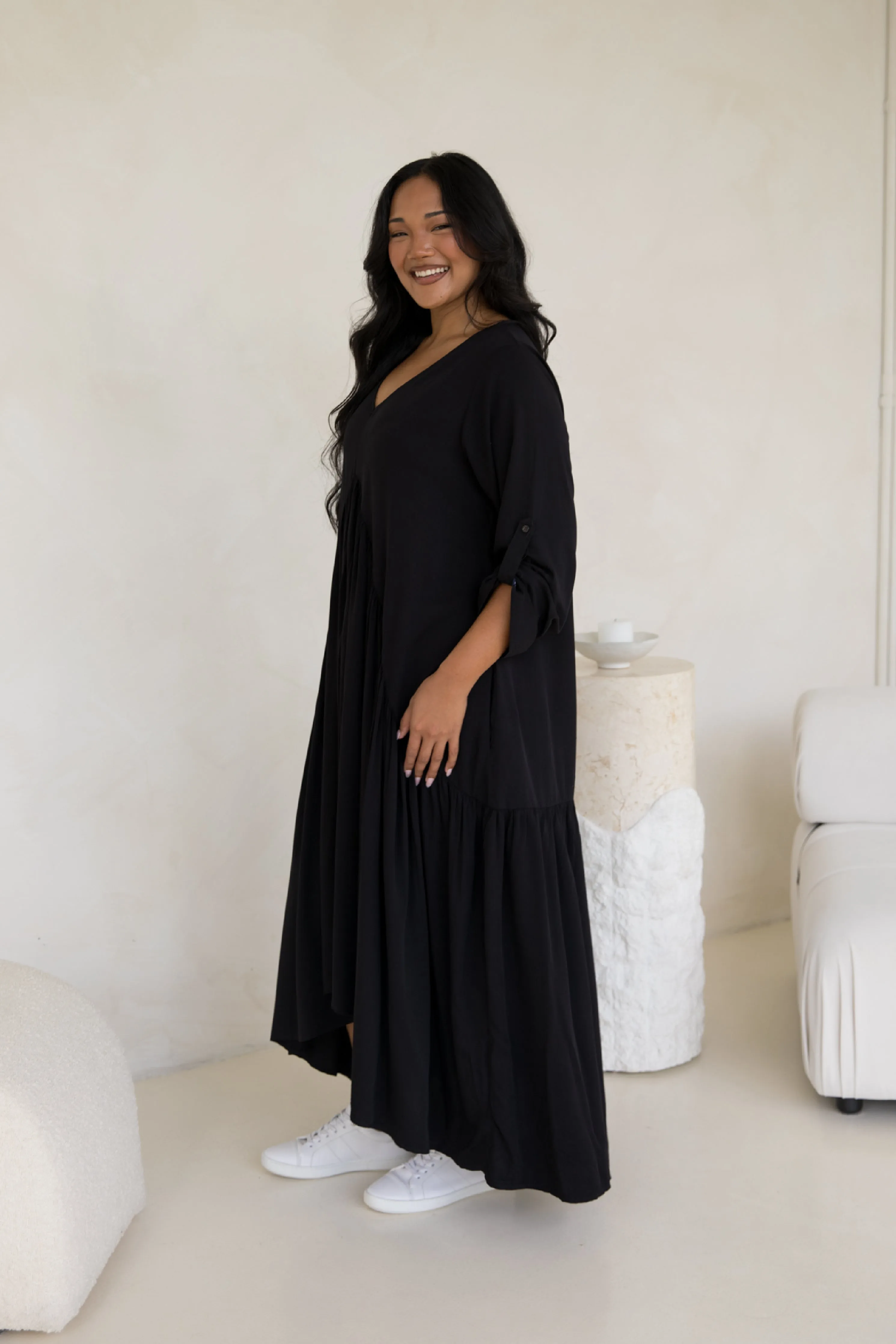 Long Sleeve Peak Maxi Dress in Black