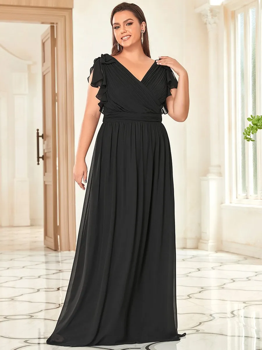 Maxi Long Chiffon Ruffles Sleeves Plus Size Wholesale Evening Dresses