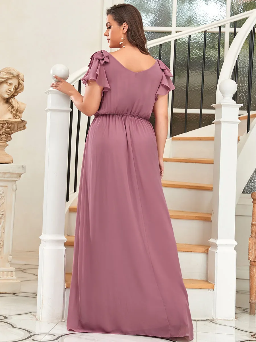 Maxi Long Chiffon Ruffles Sleeves Plus Size Wholesale Evening Dresses