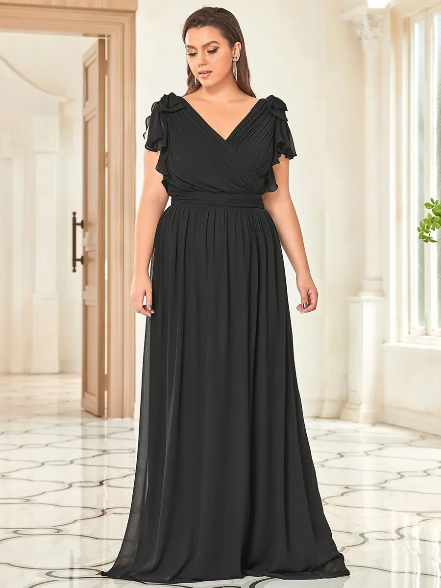 Maxi Long Chiffon Ruffles Sleeves Plus Size Wholesale Evening Dresses