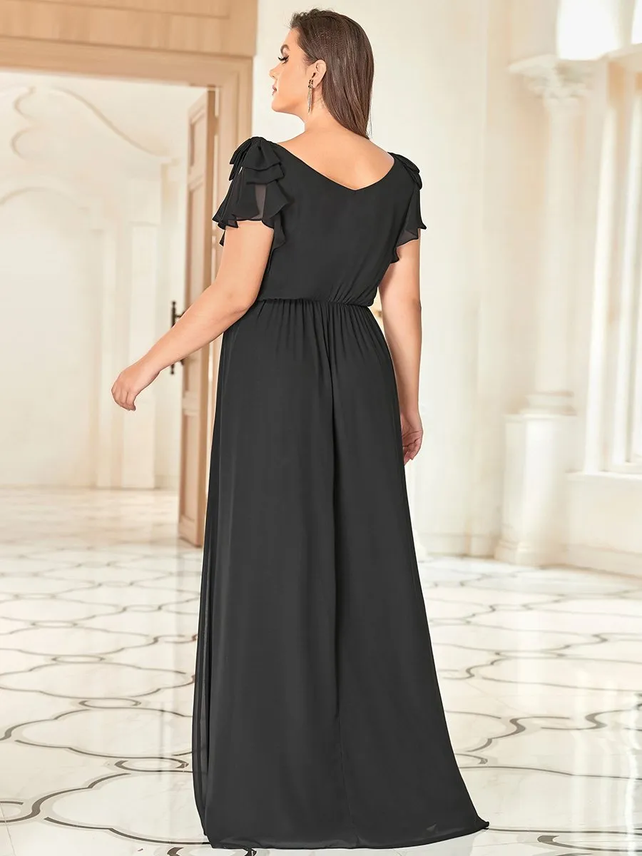 Maxi Long Chiffon Ruffles Sleeves Plus Size Wholesale Evening Dresses