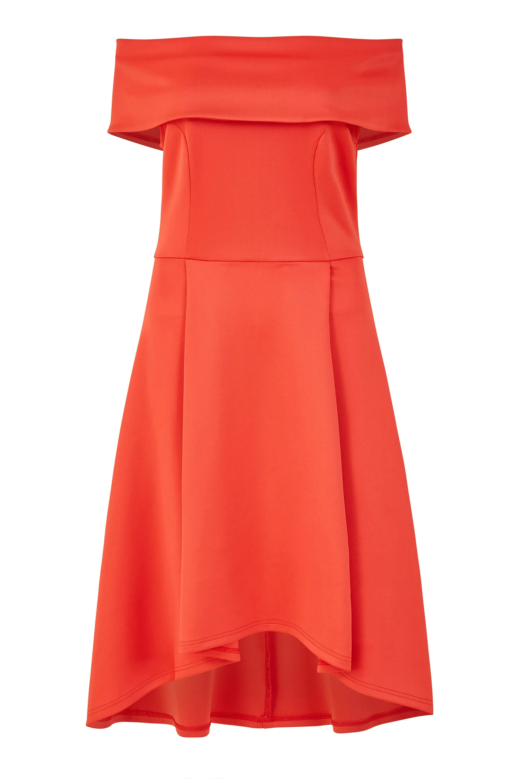 Mela London Red Bardot Dipped Hem Dress