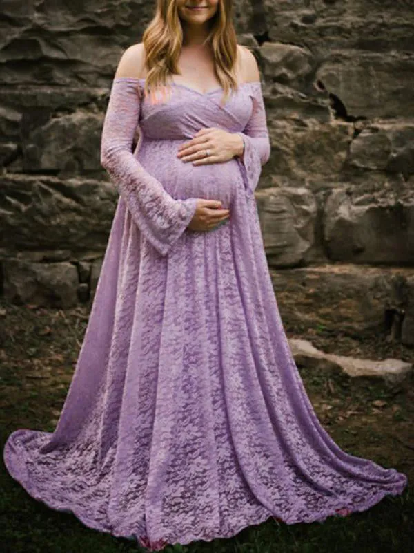 Momnfancy Lace Off Shoulder Long Sleeve Baby Shower Maternity Photoshoot Maxi Dress