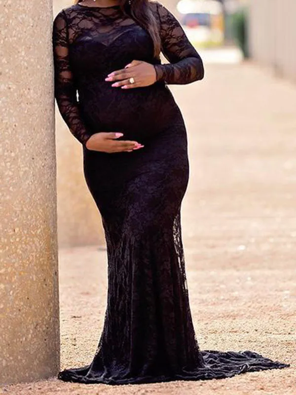 Momnfancy Lace Round Neck Long Sleeve Bodycon Floor Length Solid Color Maternity Photoshoot Dress